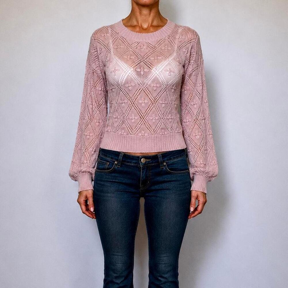 Vintage Dusty Pink Open Knit Crochet Floral Coquette Lace Sweater Size S